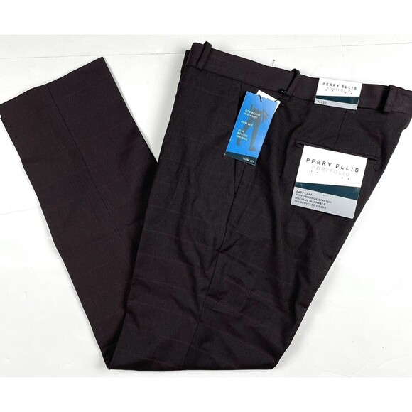 Perry Ellis Portfolio Men's Brown Slim-Fit Windowpane Plaid Dress Pants 29x30 - Picture 1 of 2
